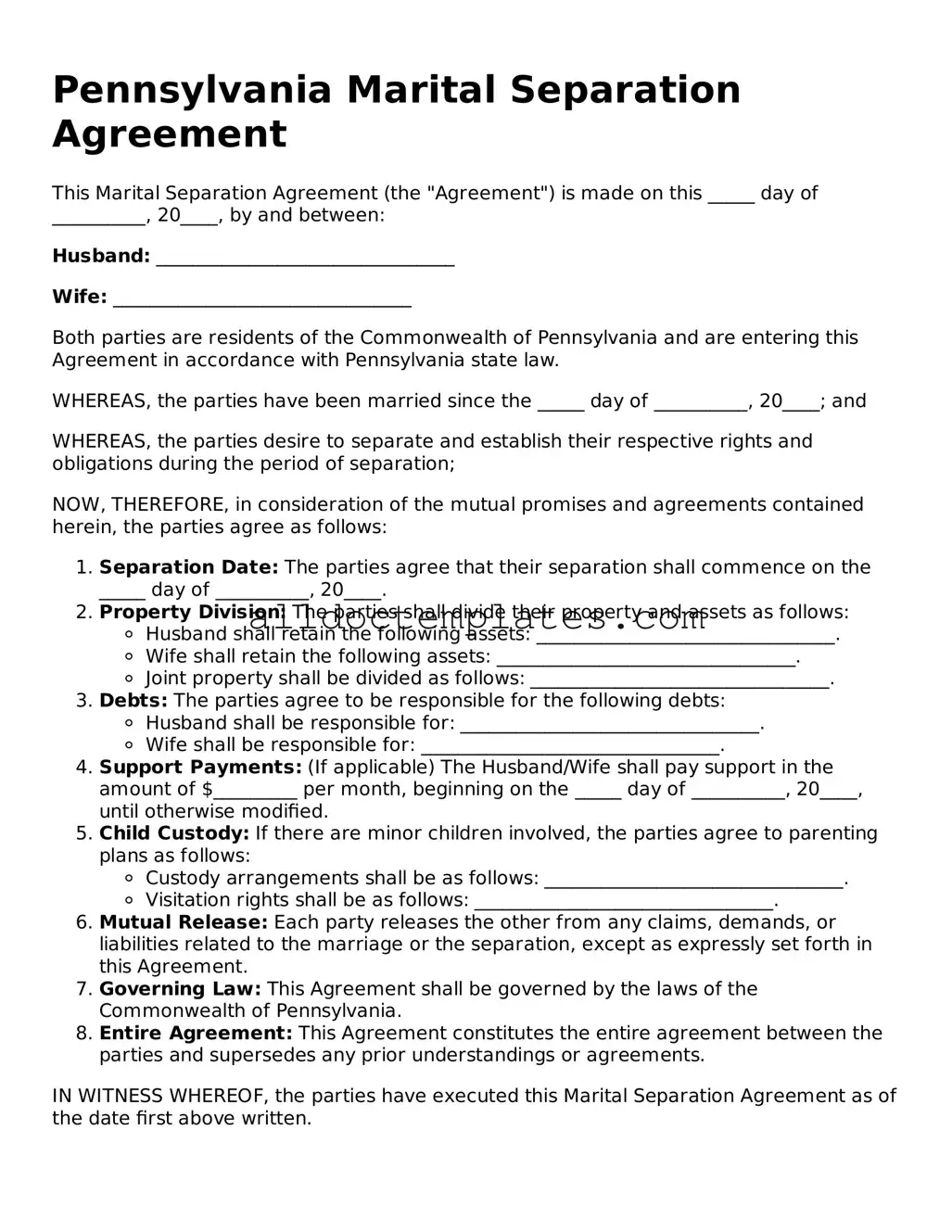 Free Marital Separation Agreement Document for Pennsylvania State