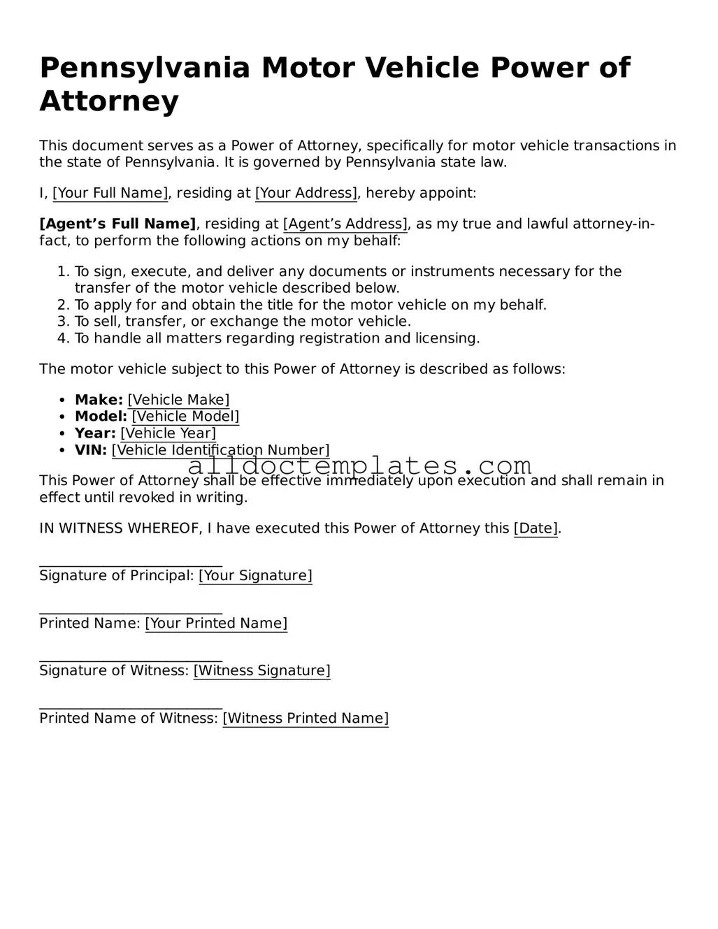 Free Motor Vehicle Power of Attorney Document for Pennsylvania State
