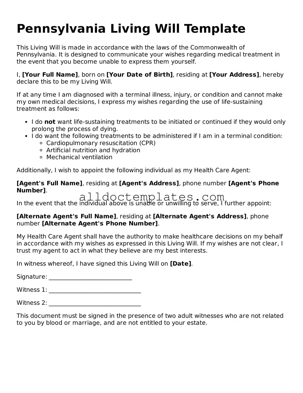 Free Living Will Document for Pennsylvania State