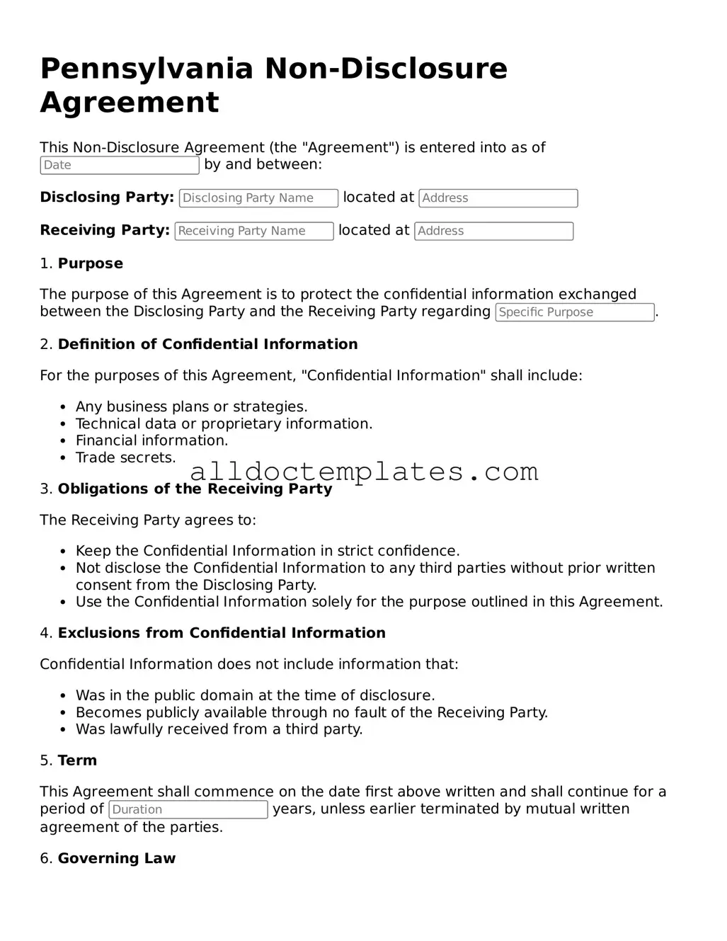 Free Non-disclosure Agreement Document for Pennsylvania State