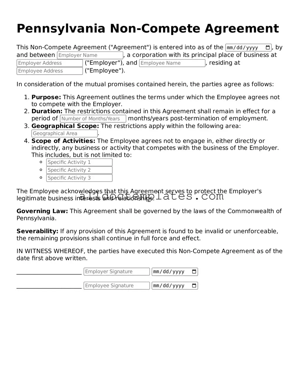 Free Non-compete Agreement Document for Pennsylvania State