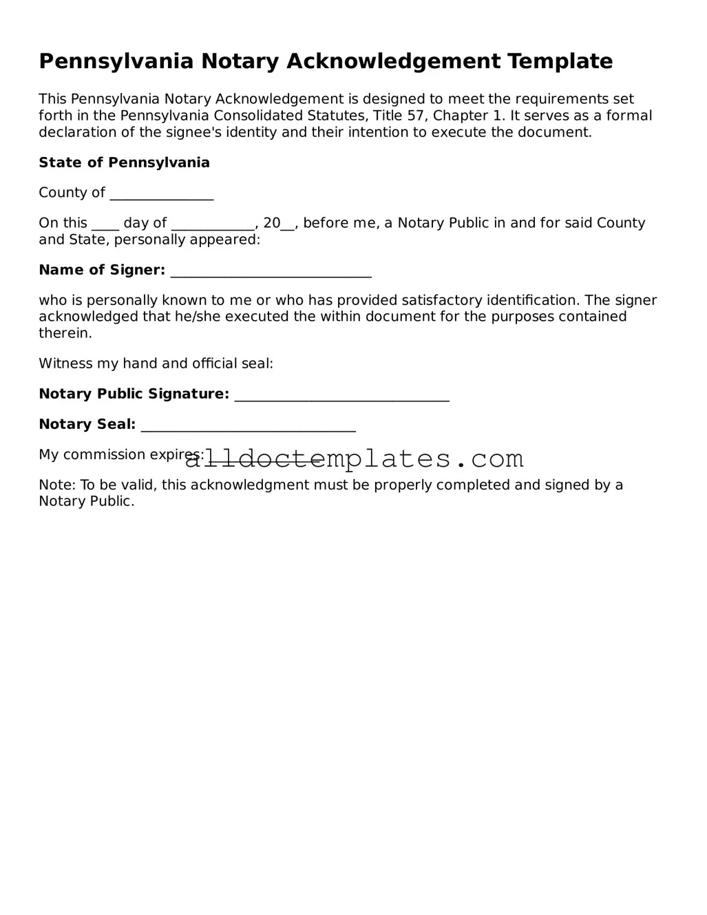Free Notary Acknowledgement Document for Pennsylvania State