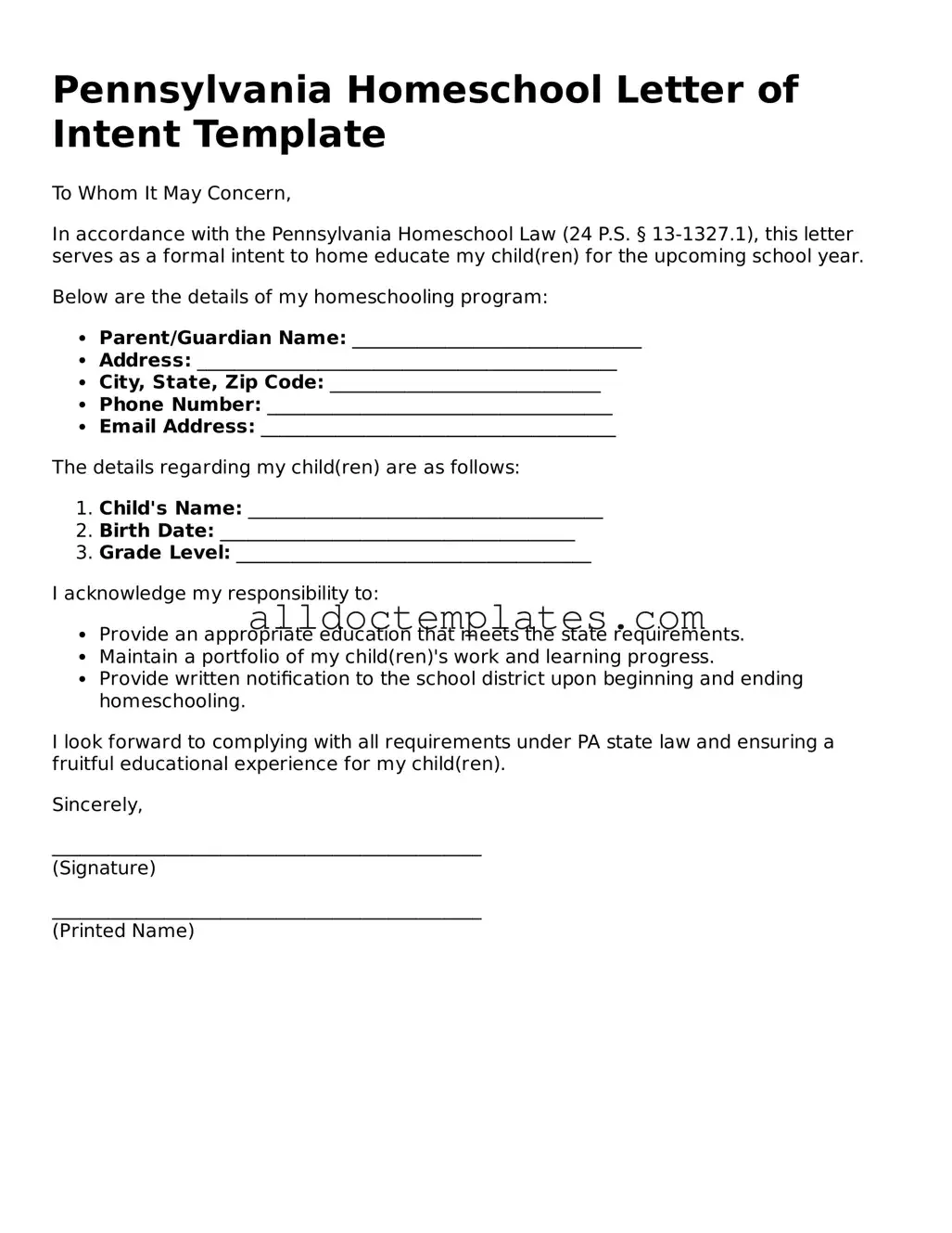 Free Homeschool Letter of Intent Document for Pennsylvania State