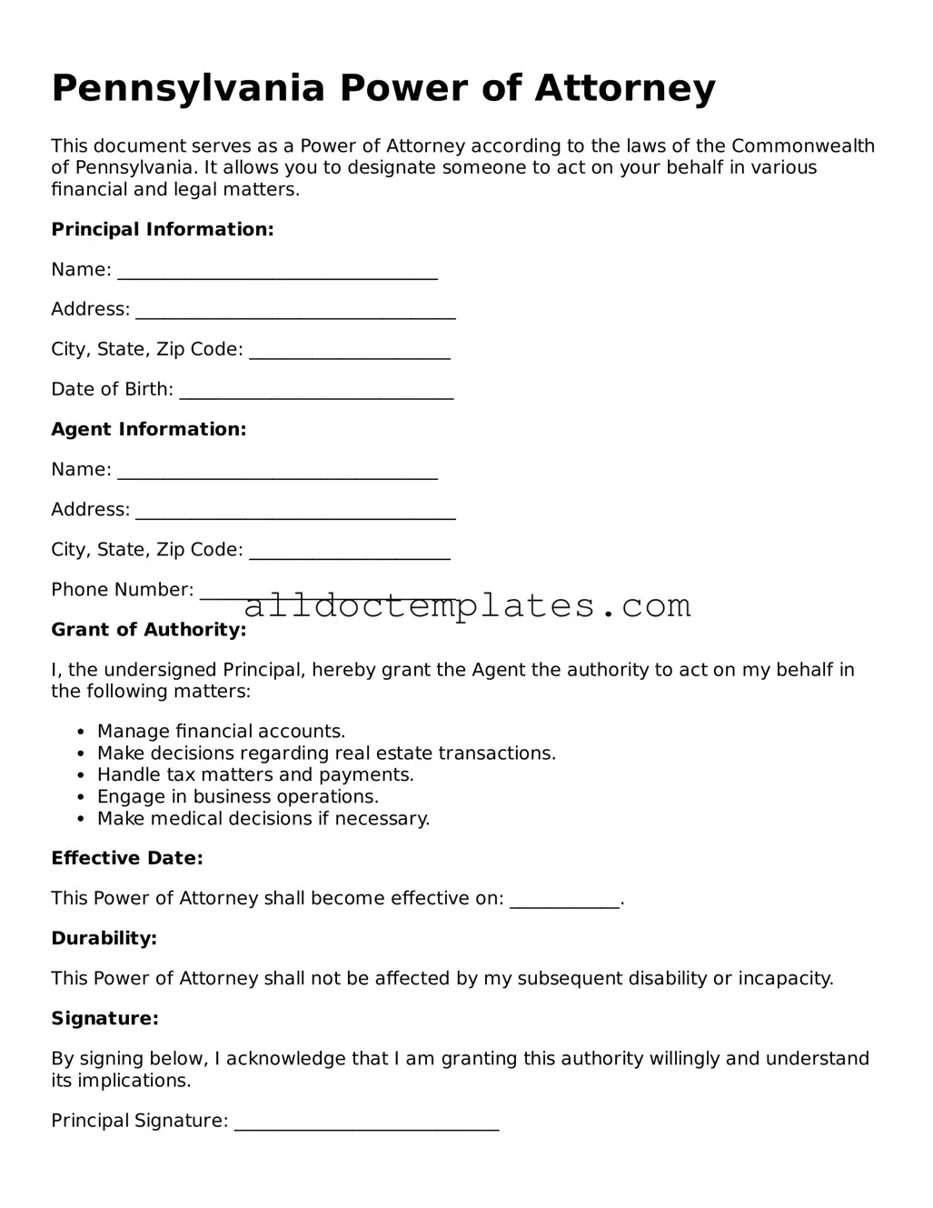 Free Power of Attorney Document for Pennsylvania State