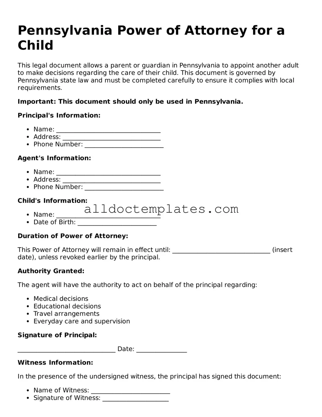 Free Power of Attorney for a Child Document for Pennsylvania State