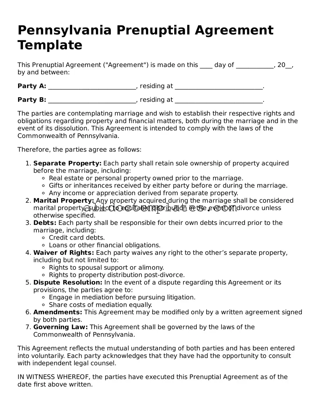 Free Prenuptial Agreement Document for Pennsylvania State