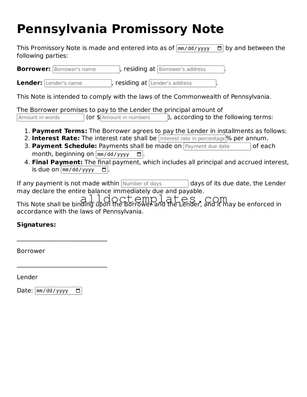 Free Promissory Note Document for Pennsylvania State