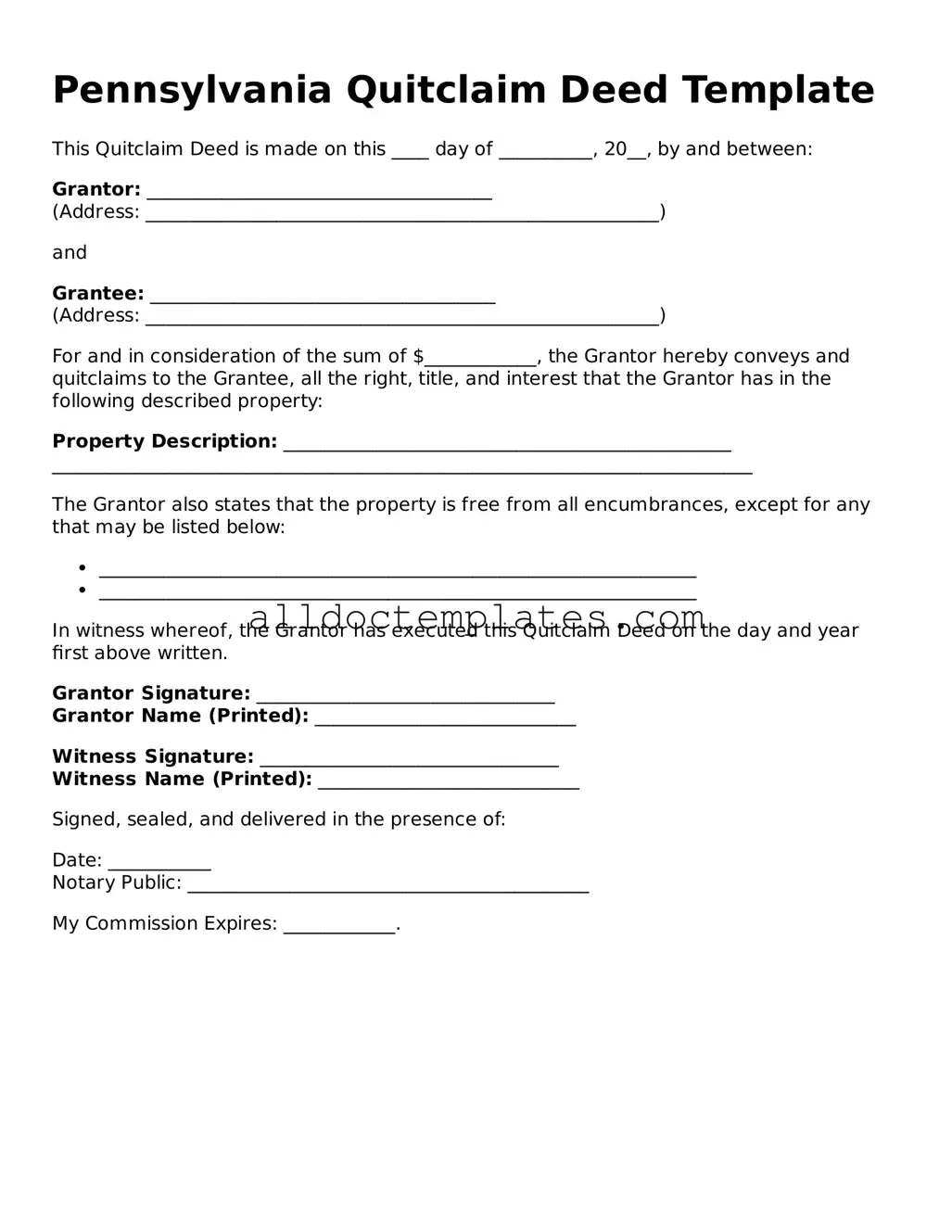 Free Quitclaim Deed Document for Pennsylvania State