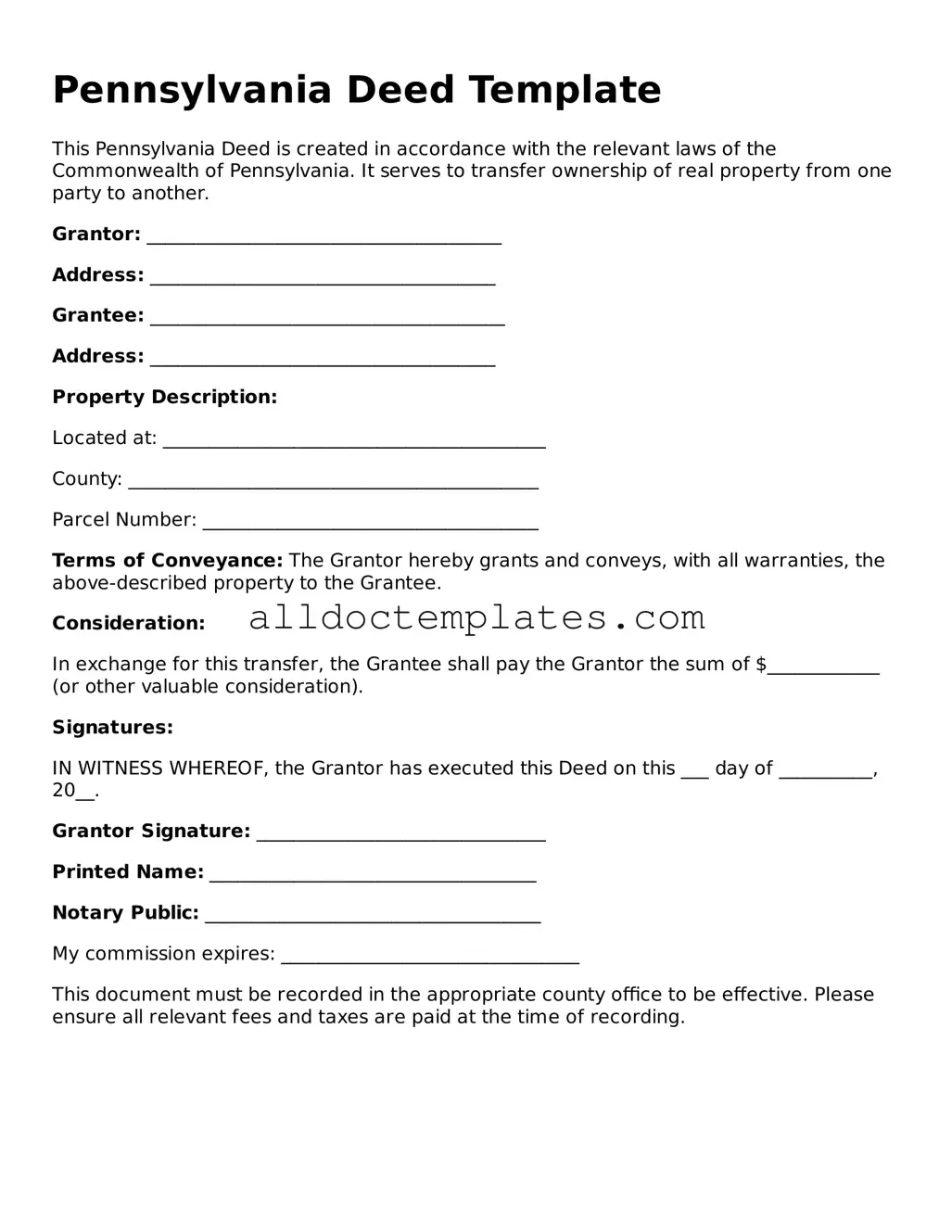 Free Deed Document for Pennsylvania State