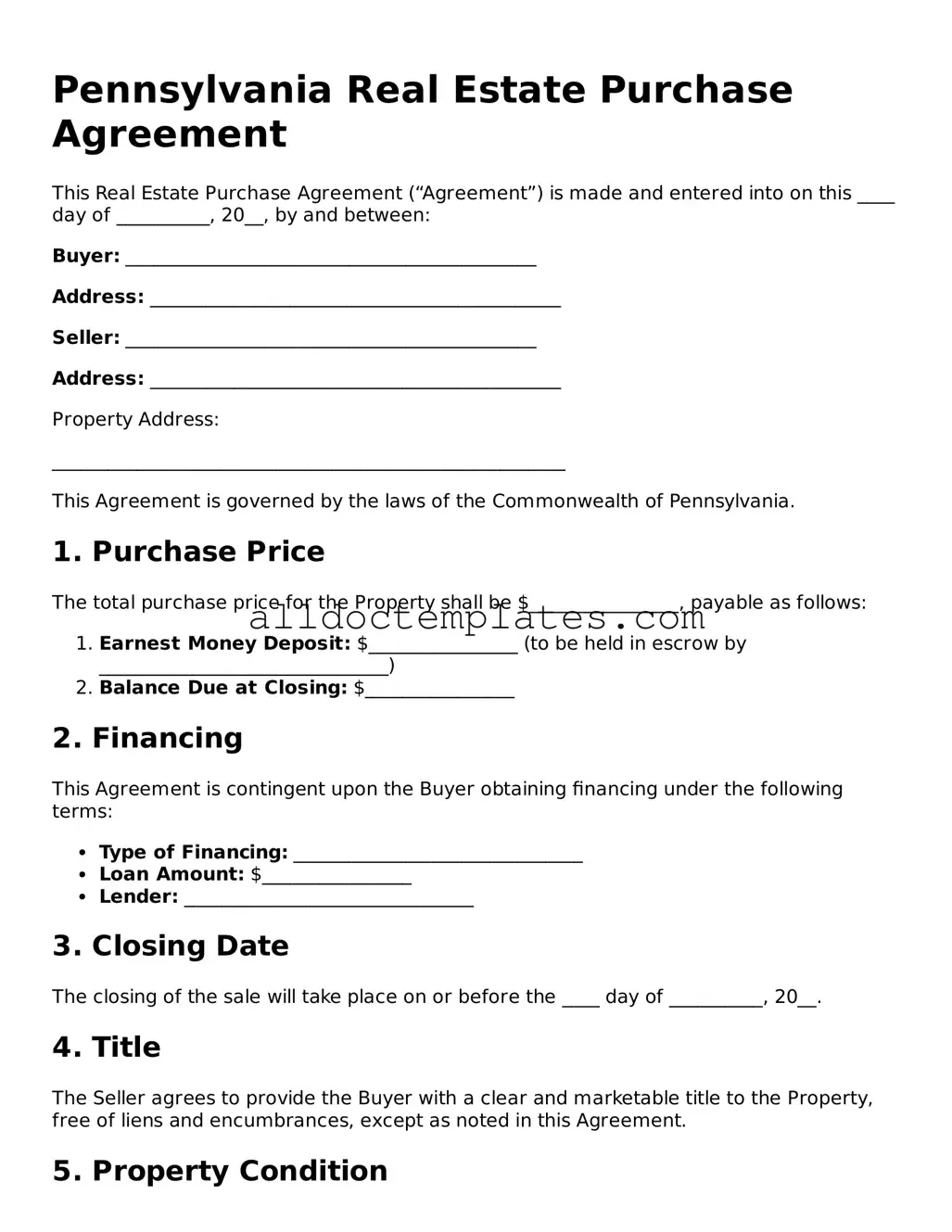 Free Real Estate Purchase Agreement Document for Pennsylvania State