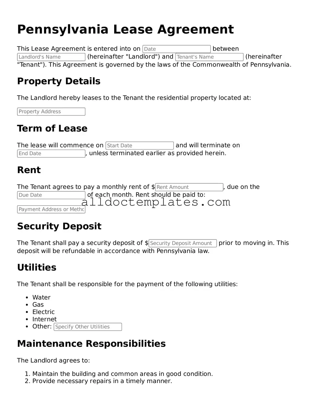 Free Lease Agreement Document for Pennsylvania State