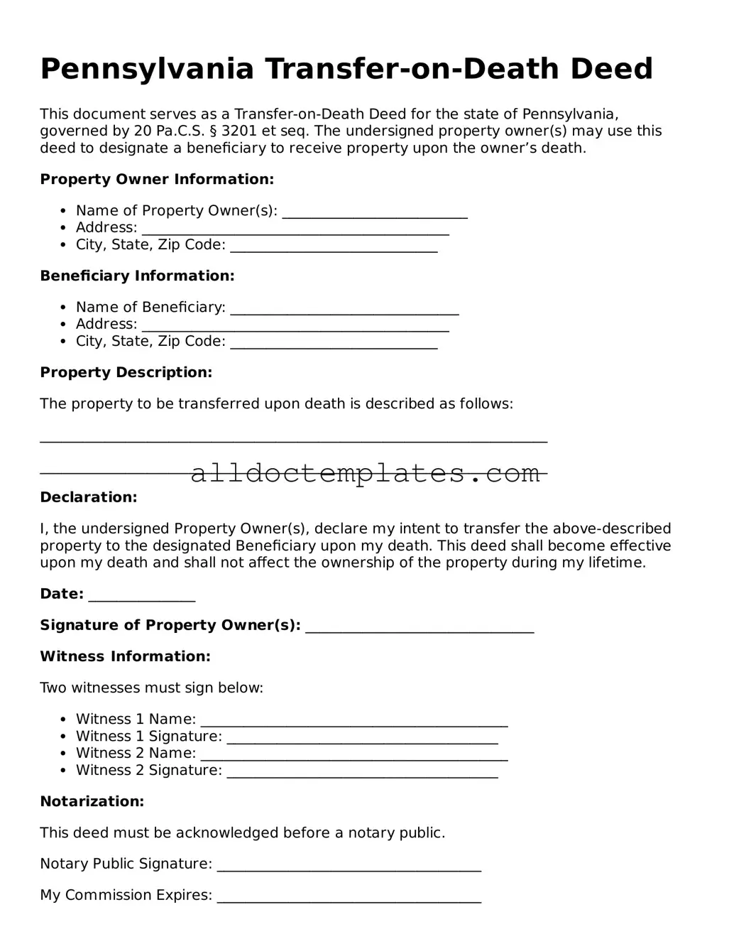 Free Transfer-on-Death Deed Document for Pennsylvania State