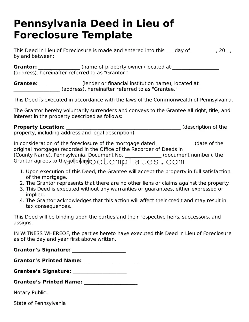 Free Deed in Lieu of Foreclosure Document for Pennsylvania State