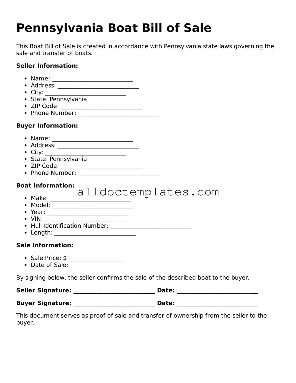 Free Boat Bill of Sale Document for Pennsylvania State