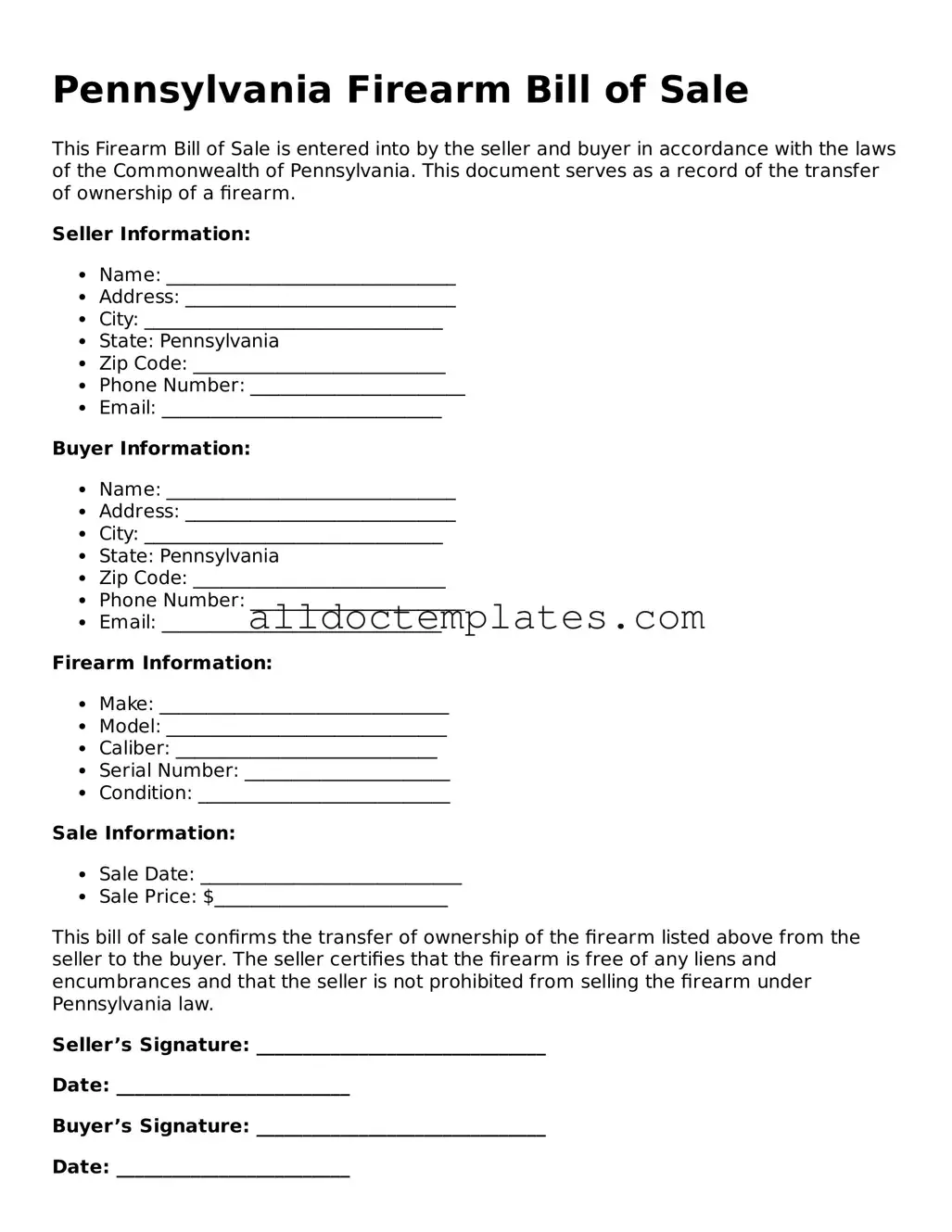 Free Firearm Bill of Sale Document for Pennsylvania State