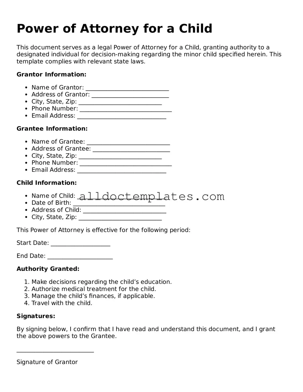 Valid Power of Attorney for a Child Template