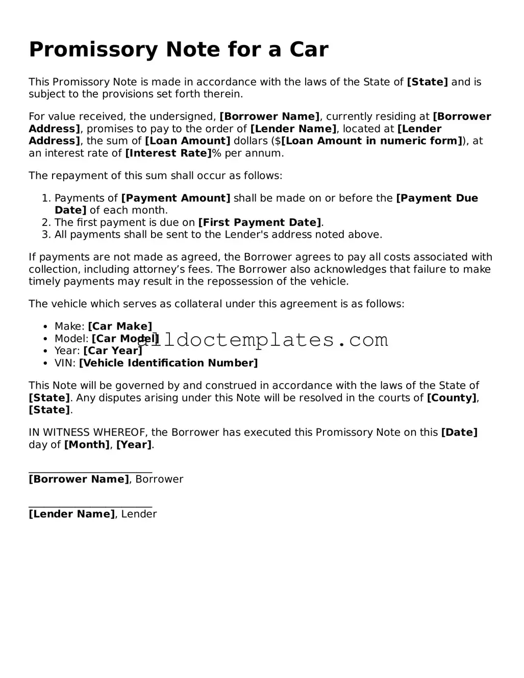 Valid Promissory Note for a Car Template