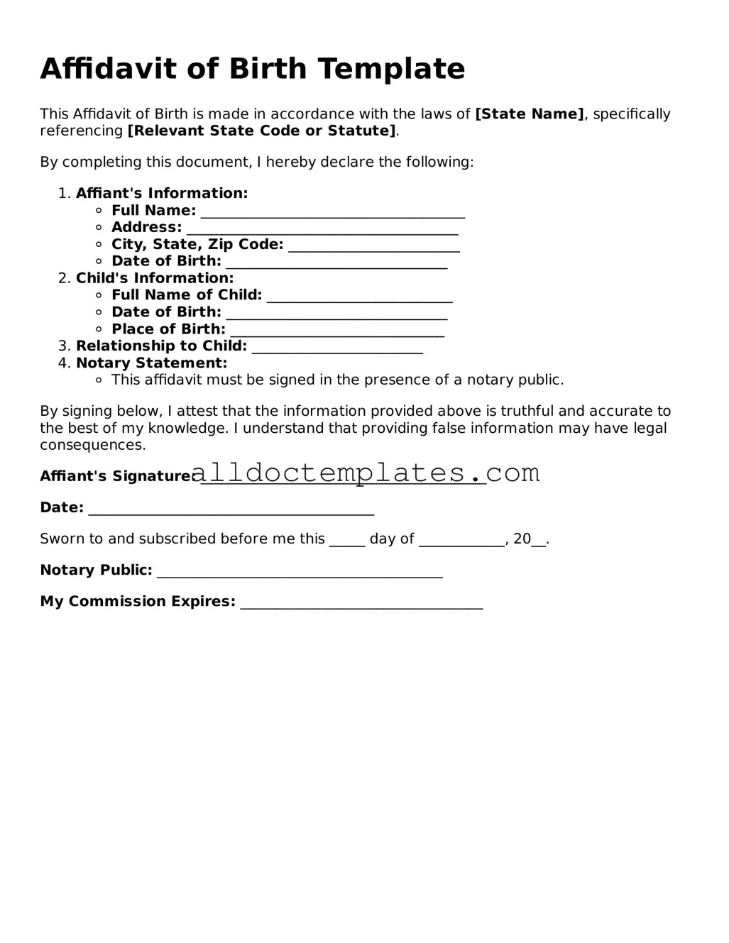 Valid Affidavit of Birth Template