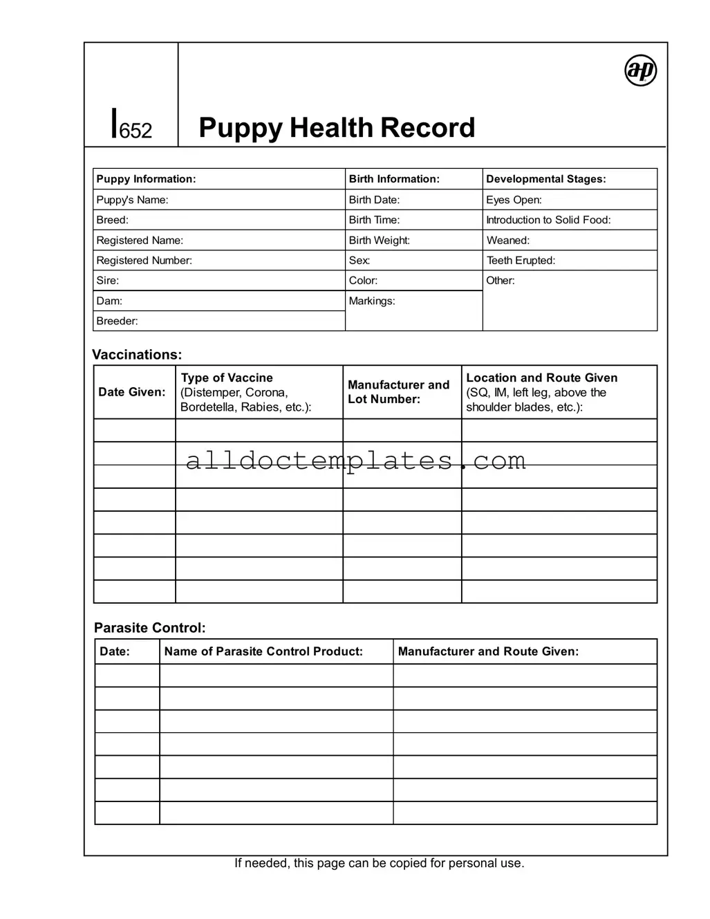 Fill in a Valid Puppy Health Record Form