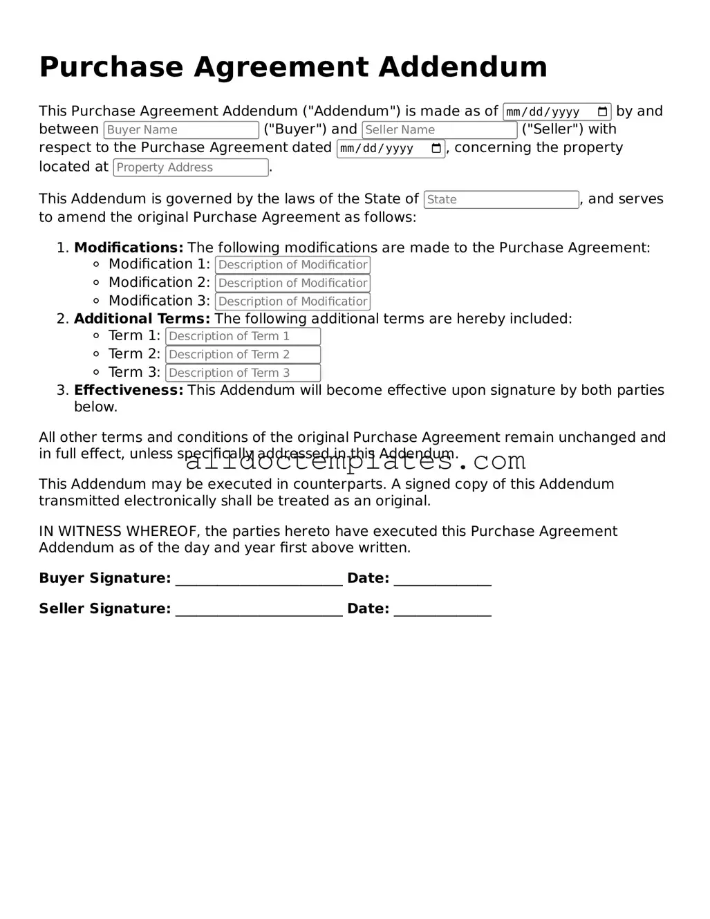 Valid Purchase Agreement Addendum Template