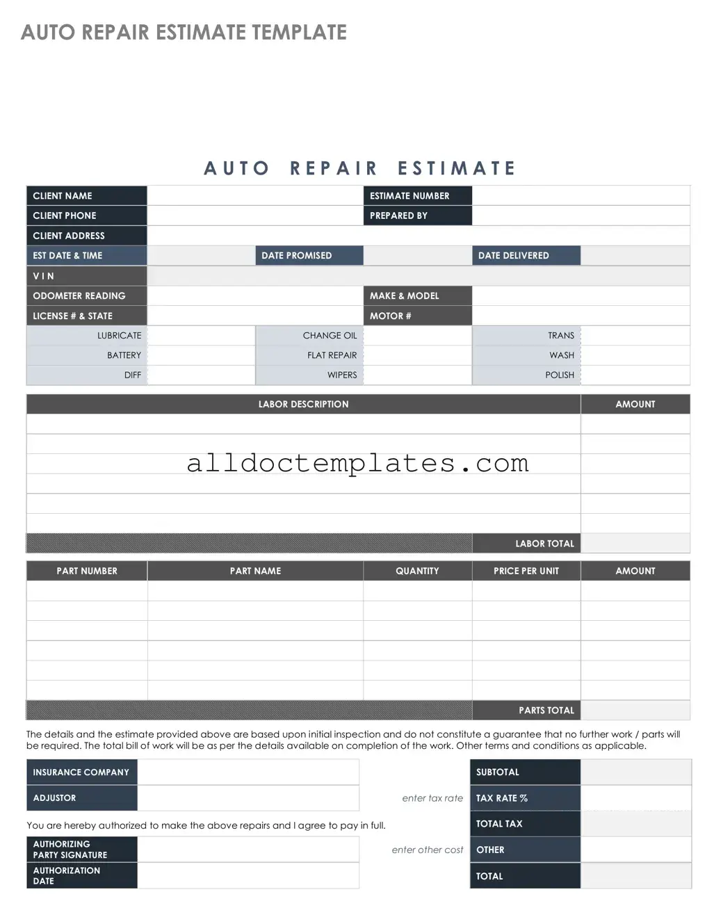 Fill in a Valid Auto Repair Estimate Form