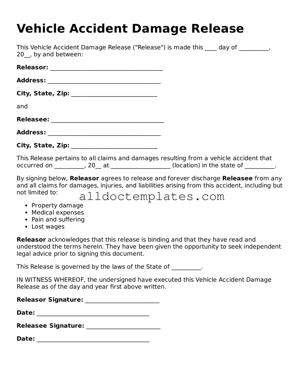 Valid Vehicle Accident Damage Release Template