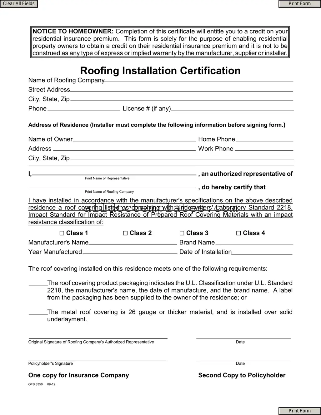 Fill in a Valid Roofing Certificate Form