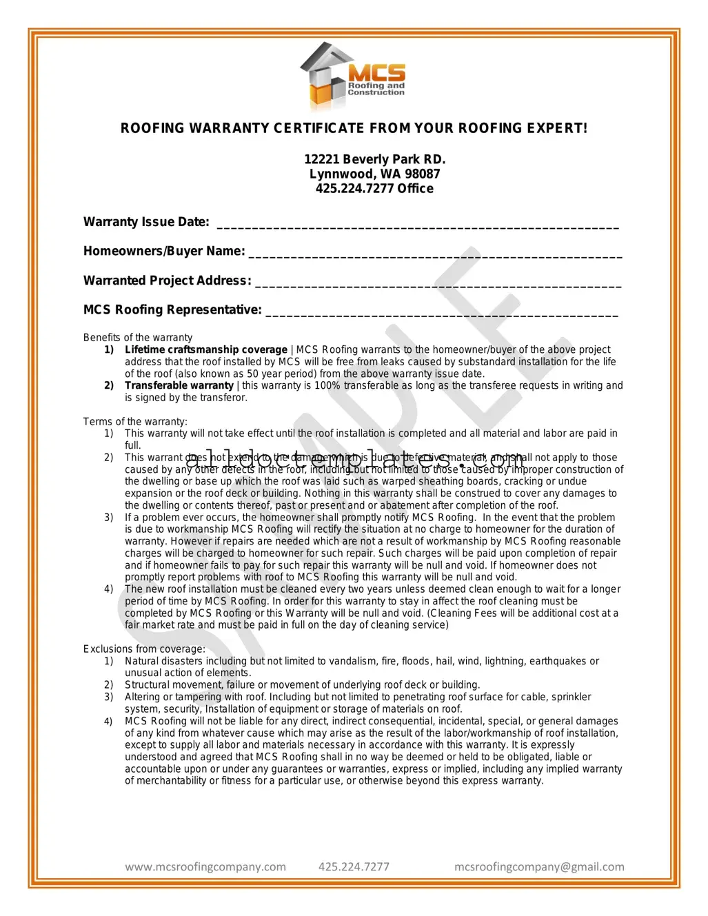 Fill in a Valid Roofing Warranty Certificate Form
