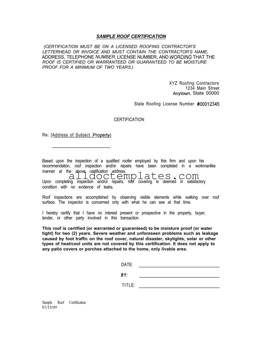 Fill in a Valid Sample Roof Certification Form