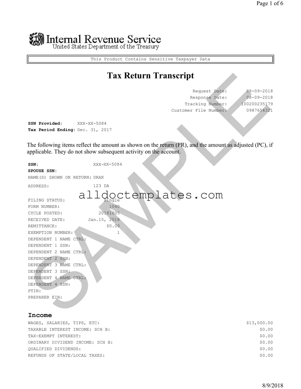 Fill in a Valid Sample Tax Return Transcript Form