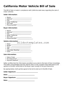 Free Motor Vehicle Bill of Sale Document for California State