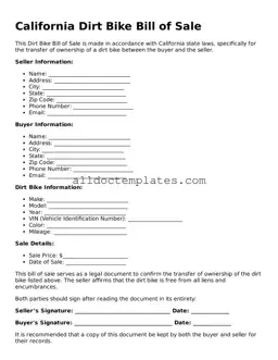 Free Dirt Bike Bill of Sale Document for California State