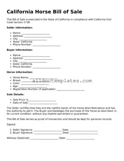 Free Horse Bill of Sale Document for California State