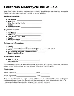 Free Motorcycle Bill of Sale Document for California State