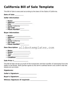 Free Bill of Sale Document for California State