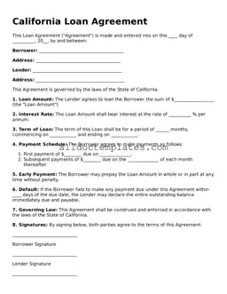 Free Loan Agreement Document for California State
