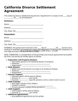 Free Divorce Settlement Agreement Document for California State