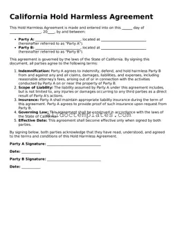 Free Hold Harmless Agreement Document for California State