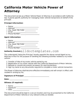 Free Motor Vehicle Power of Attorney Document for California State