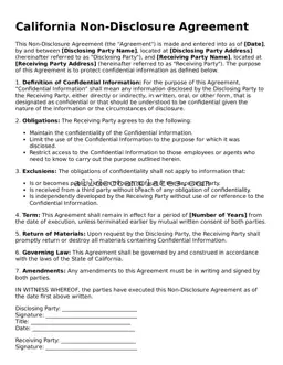 Free Non-disclosure Agreement Document for California State