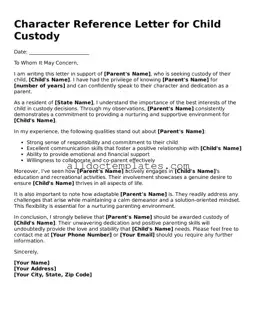 Valid Character Reference Letter for Child Custody Template