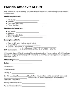 Free Affidavit of Gift Document for Florida State