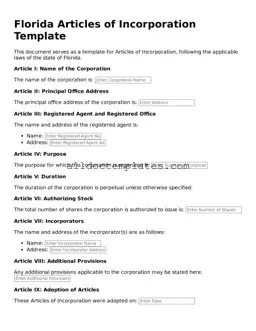 Free Articles of Incorporation Document for Florida State