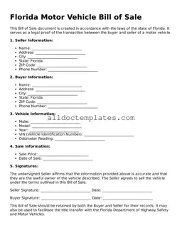 Free Motor Vehicle Bill of Sale Document for Florida State