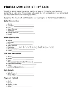 Free Dirt Bike Bill of Sale Document for Florida State