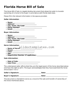 Free Horse Bill of Sale Document for Florida State