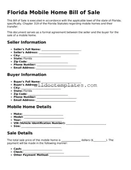 Free Mobile Home Bill of Sale Document for Florida State