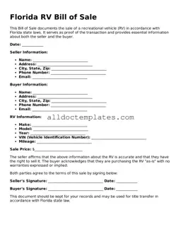 Free RV Bill of Sale Document for Florida State