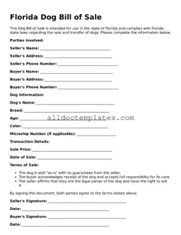 Free Dog Bill of Sale Document for Florida State