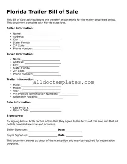 Free Trailer Bill of Sale Document for Florida State